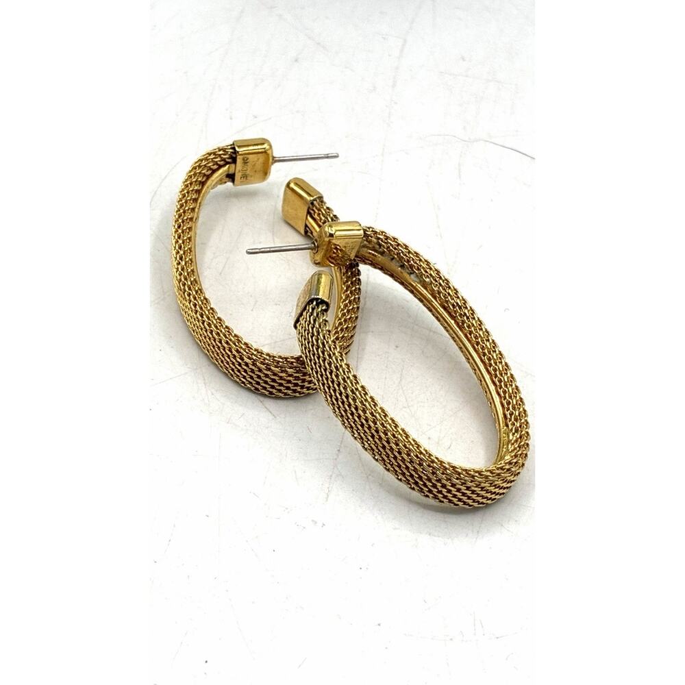 Monet Signed Gold Tone Mesh Hoop Earrings Oval Pierced Vintage 80s